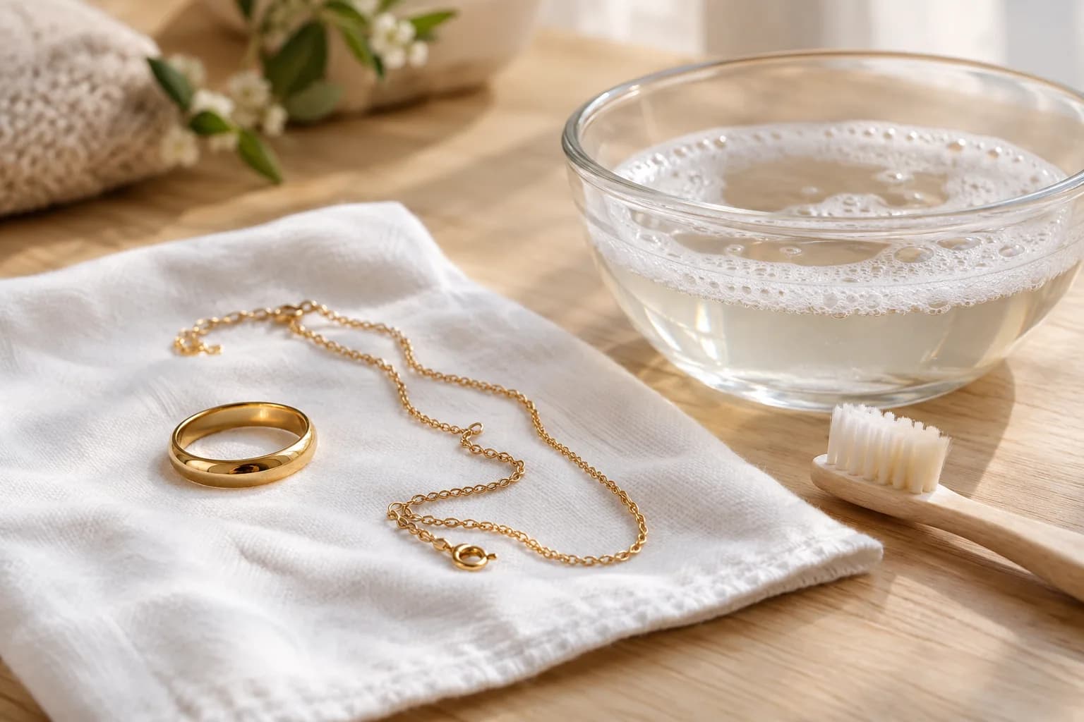 Bague en or et chaîne fine sur un linge blanc, près d'un bol d'eau savonneuse et d'une brosse