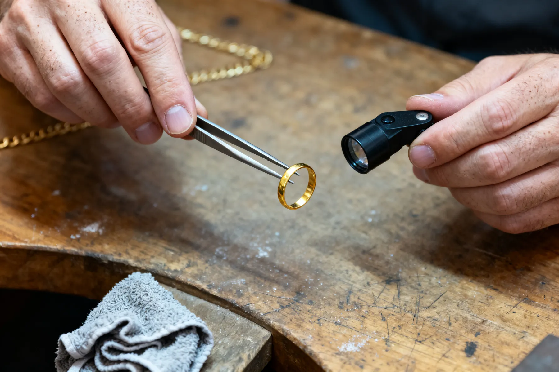 Bague en or tenue à la pince, examinée à la loupe sur un établi de bijoutier