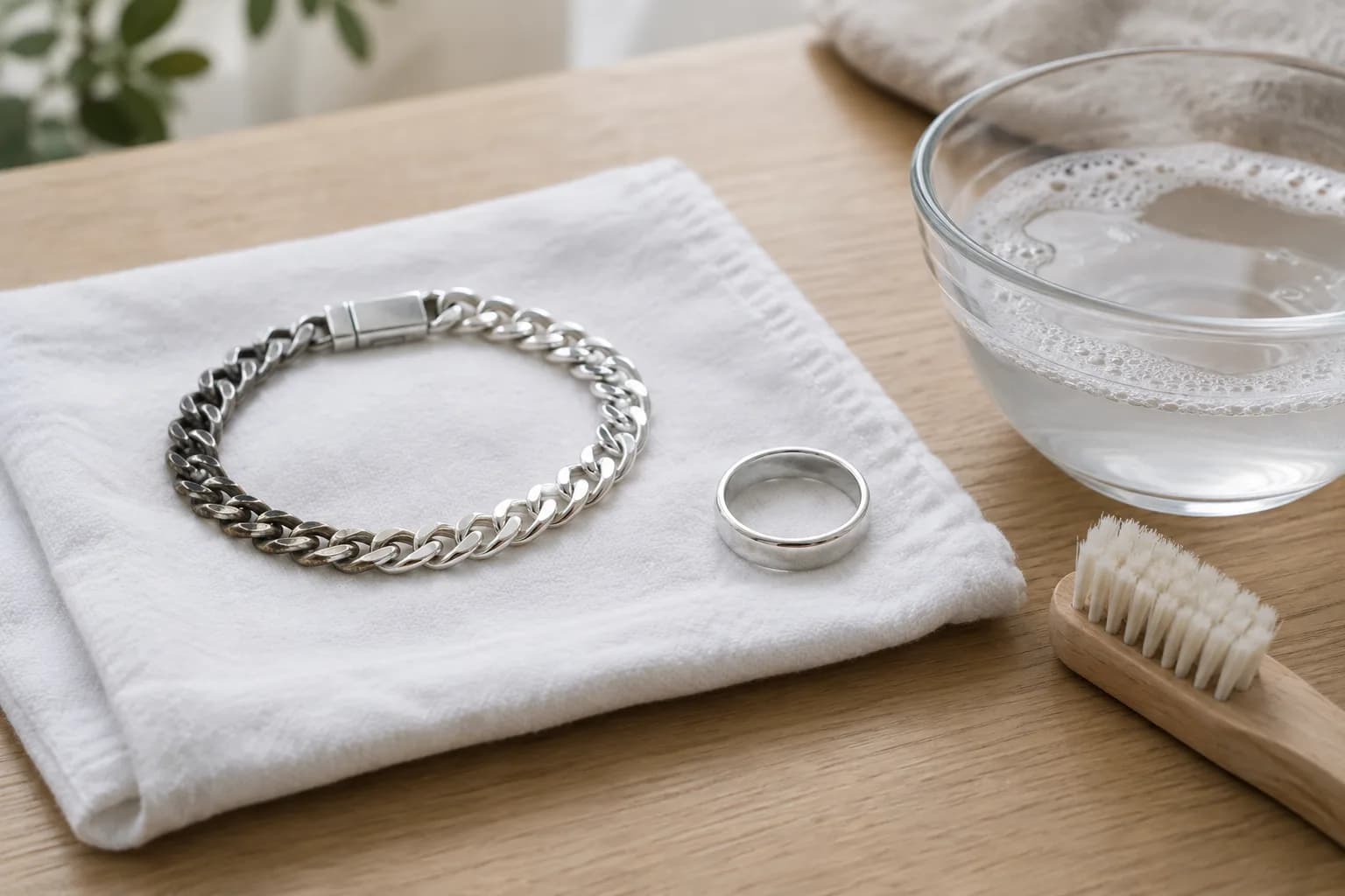 Bracelet en argent à moitié terni et bague sur un chiffon, près d'eau savonneuse