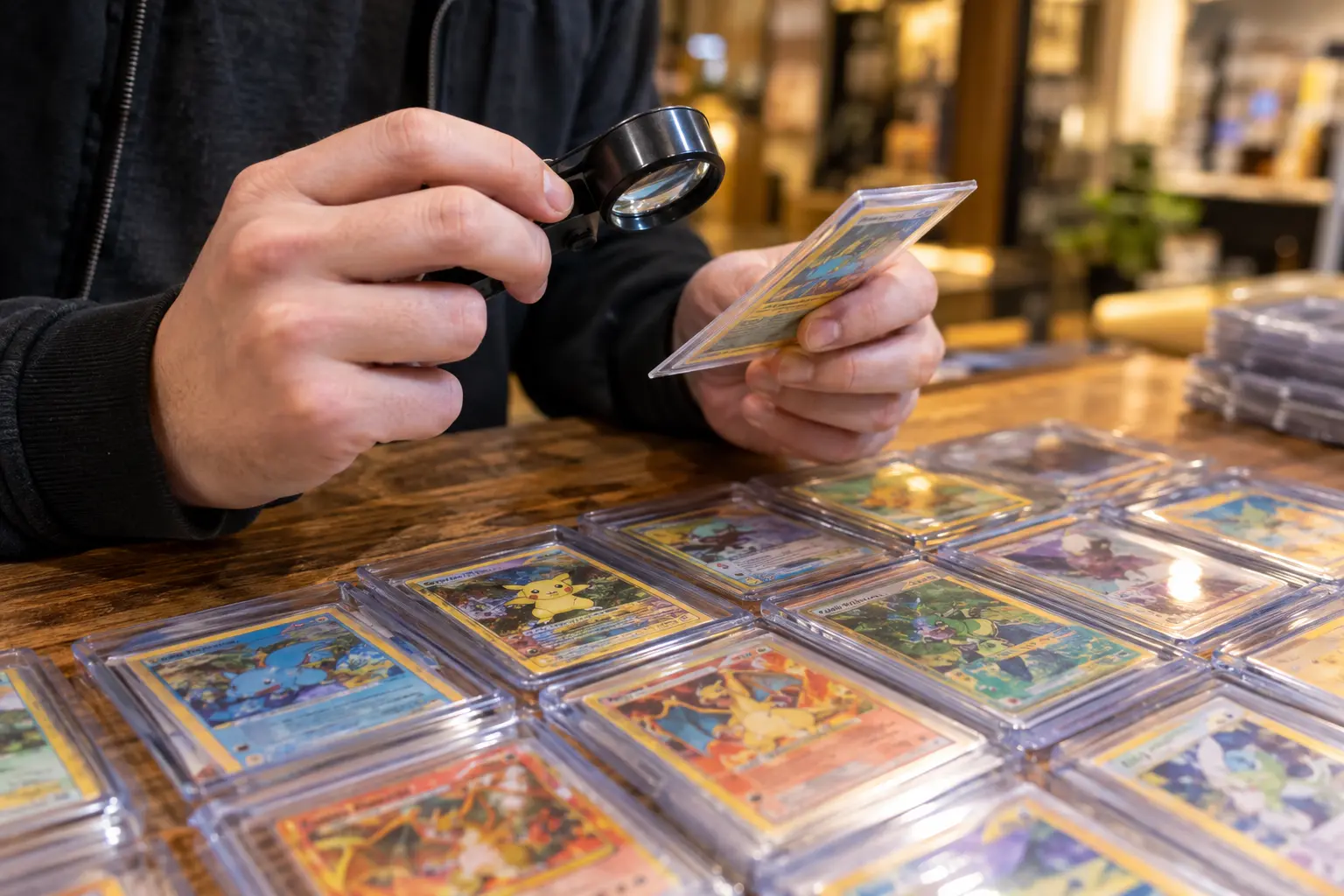 Loupe posée sur plusieurs cartes Pokémon sous pochettes alignées sur un comptoir de boutique