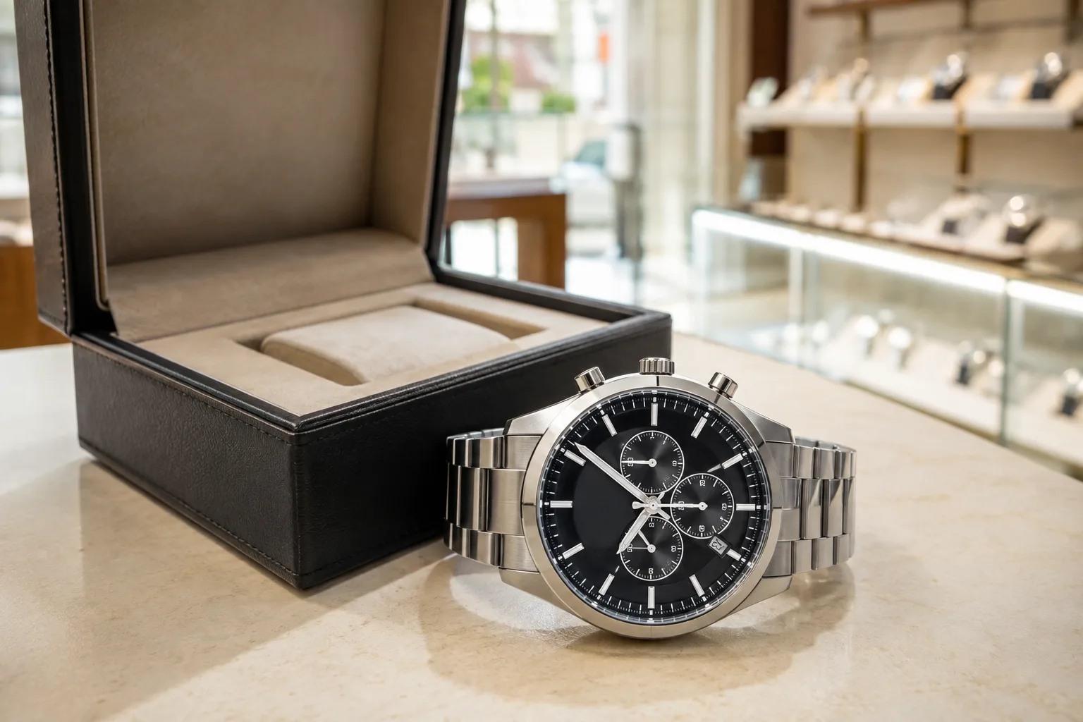 Chronographe suisse en acier posé contre son écrin dans une boutique de montres