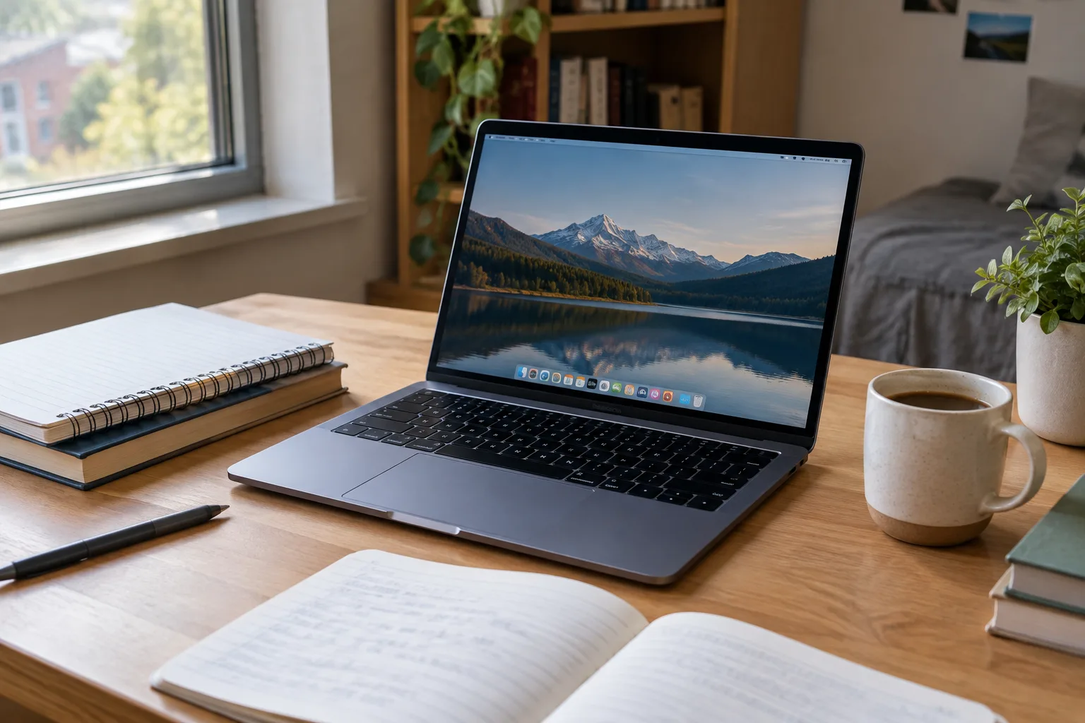 Ordinateur portable ouvert sur un bureau d'étudiant entre cahiers et stylos