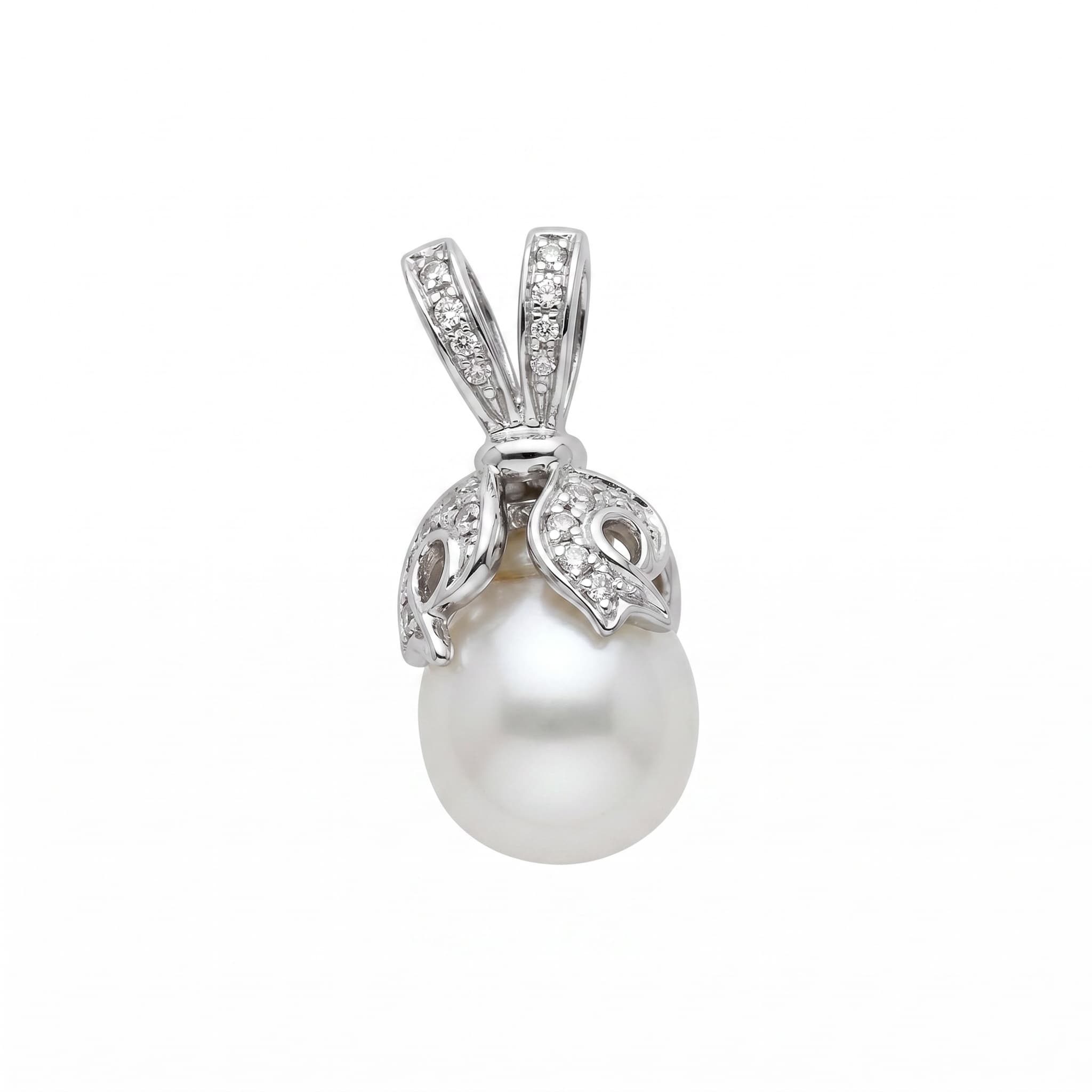 Pendentif perle baroque or blanc 18K nœud diamants