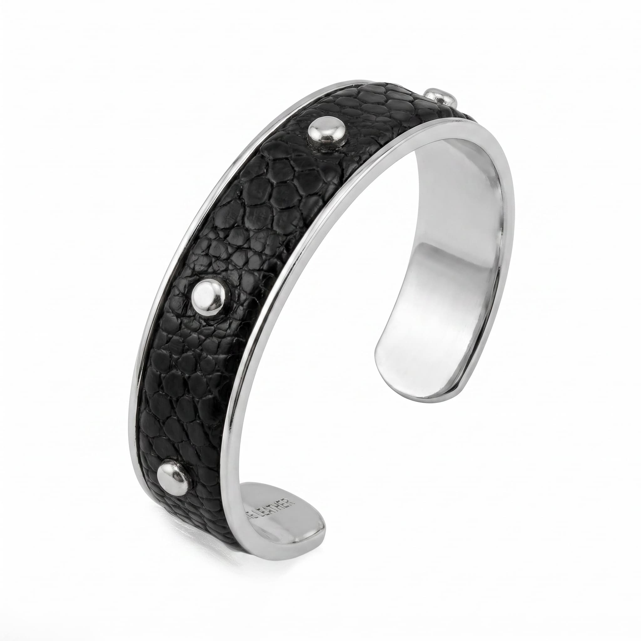 Bracelet jonc argent 925 cuir noir facon serpent et clous