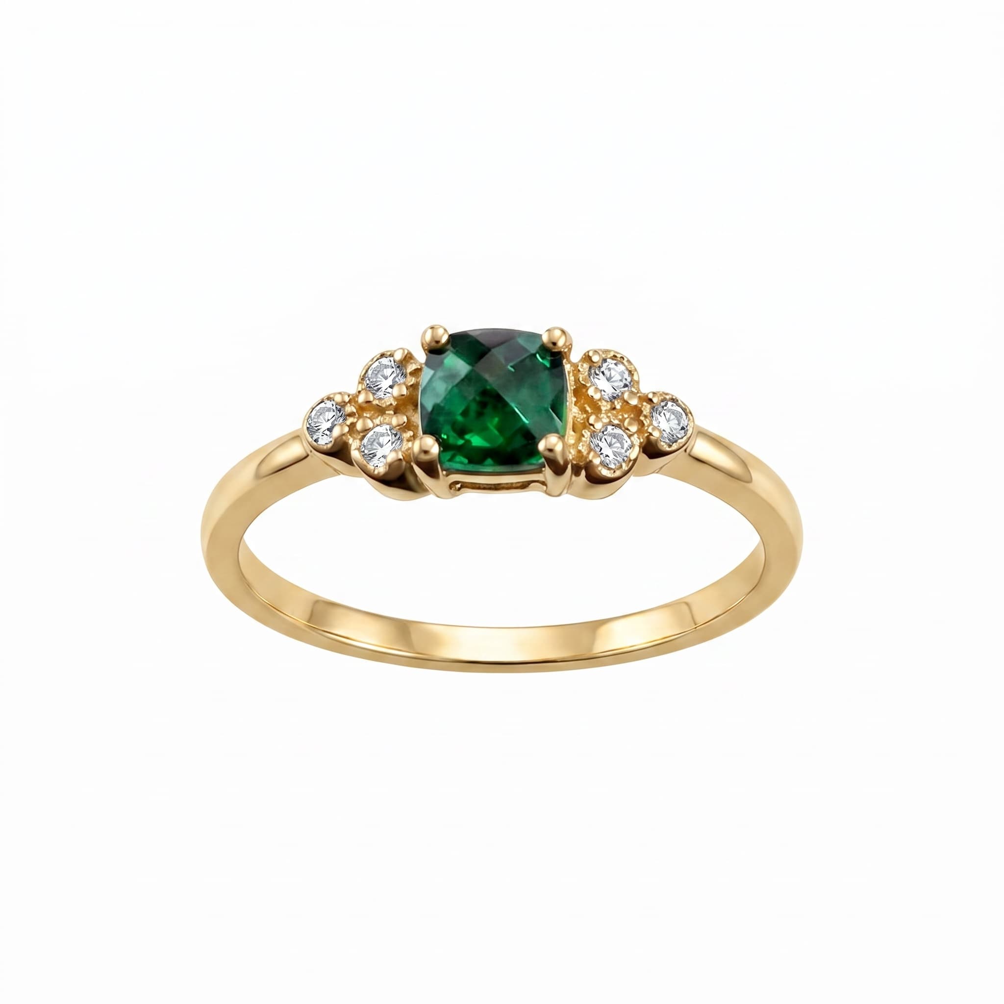 Bague solitaire émeraude verte coussin accents zircons dorée