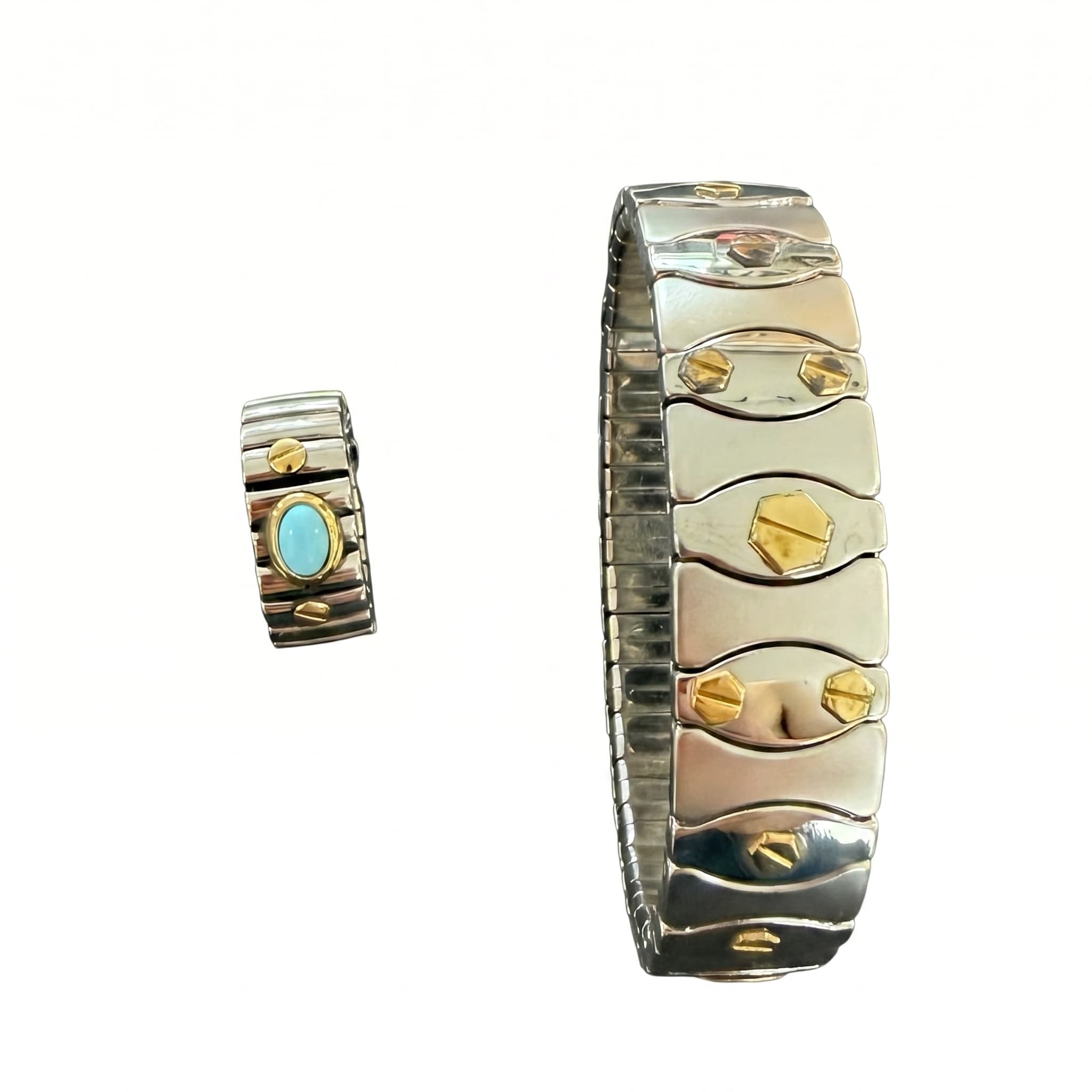 Parure bracelet extensible acier bicolore et bague cabochon turquoise