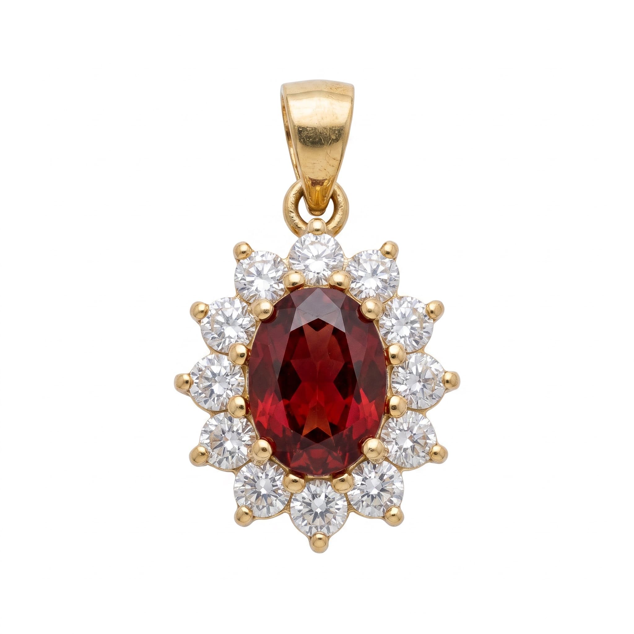 Pendentif ovale grenat rouge halo zircons doré