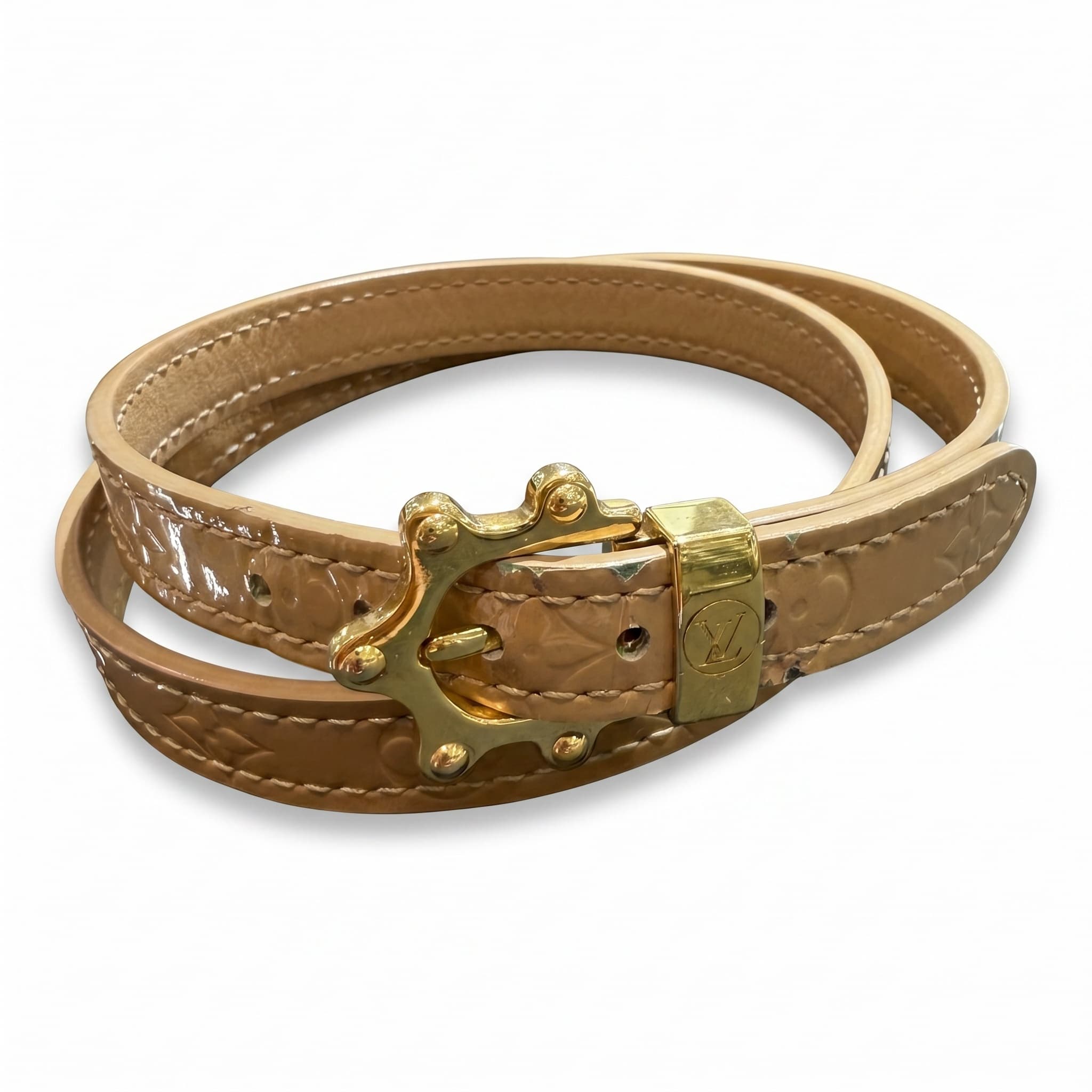 Bracelet Louis Vuitton cuir vernis monogram beige boucle dorée