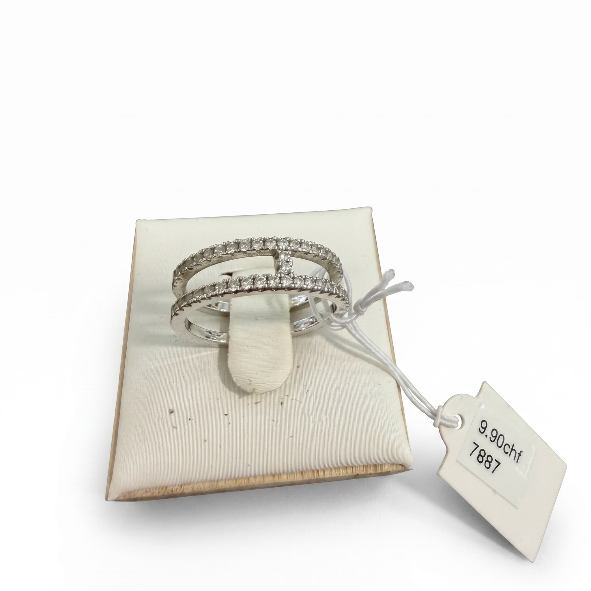 Bague double anneau pavé barre argentée