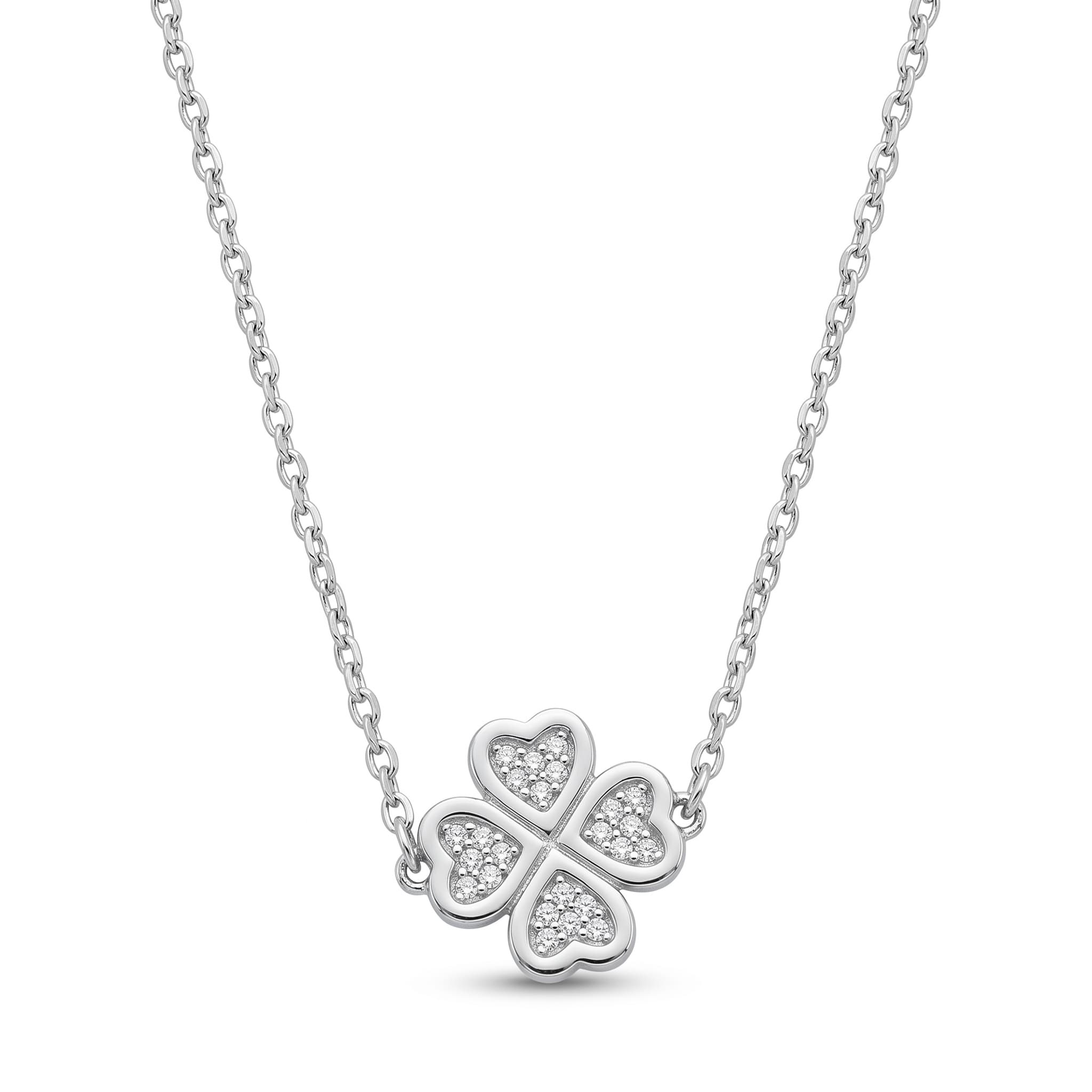 Collier pendentif trèfle quatre cœurs argenté
