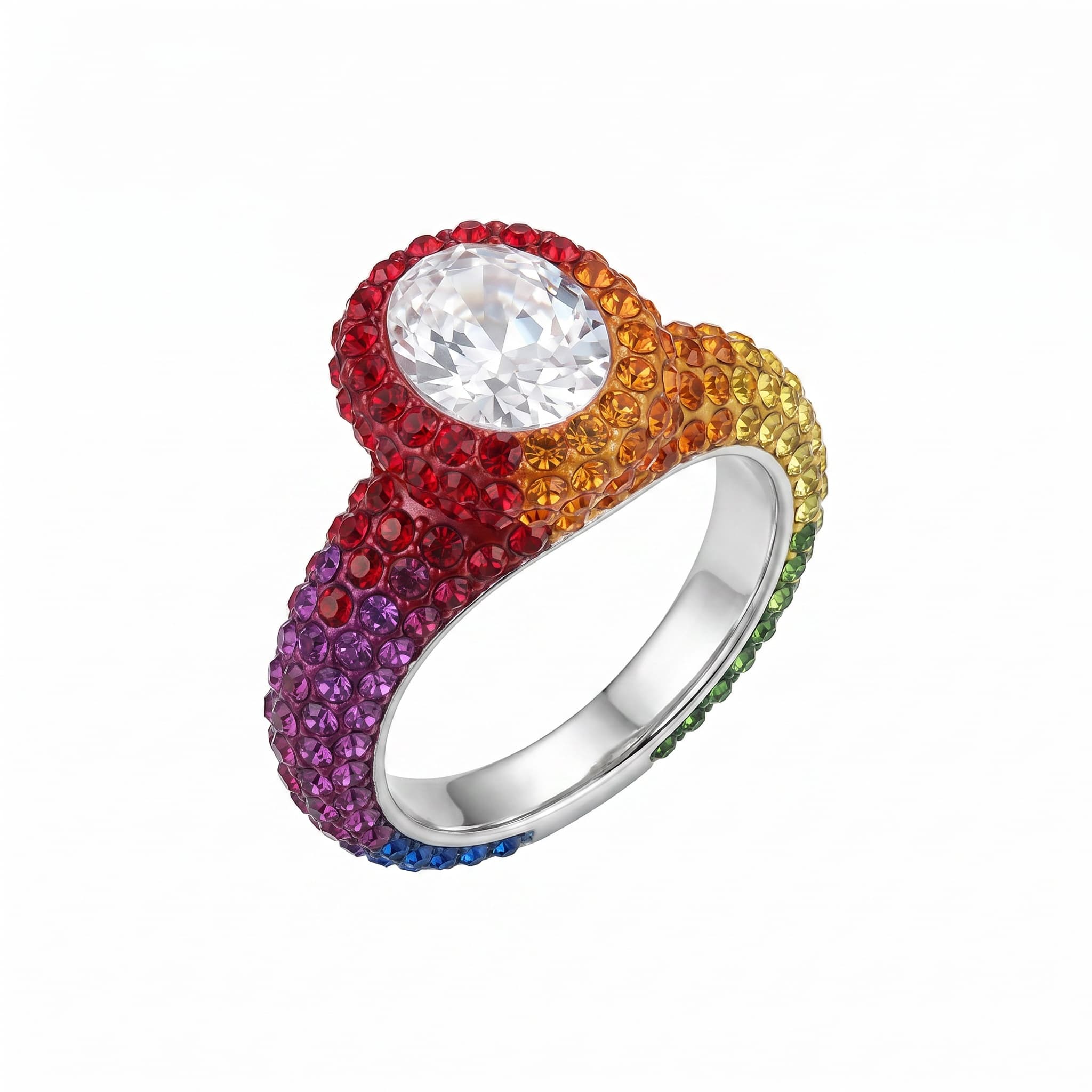 Bague fantaisie cristaux multicolores arc-en-ciel argentée
