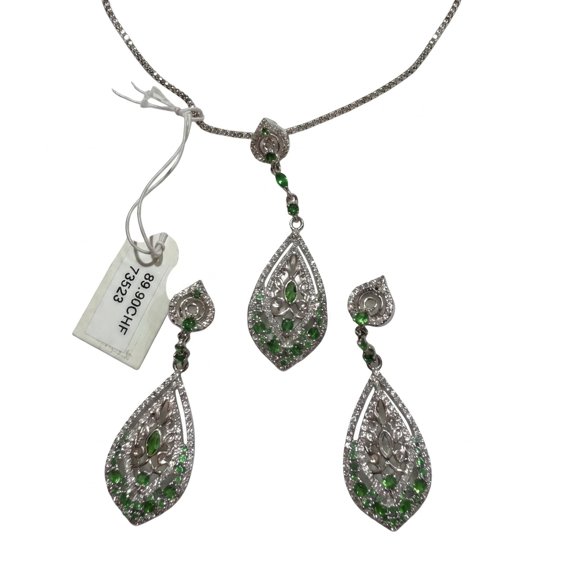 Parure argent 925 collier + boucles d'oreilles pierres vertes