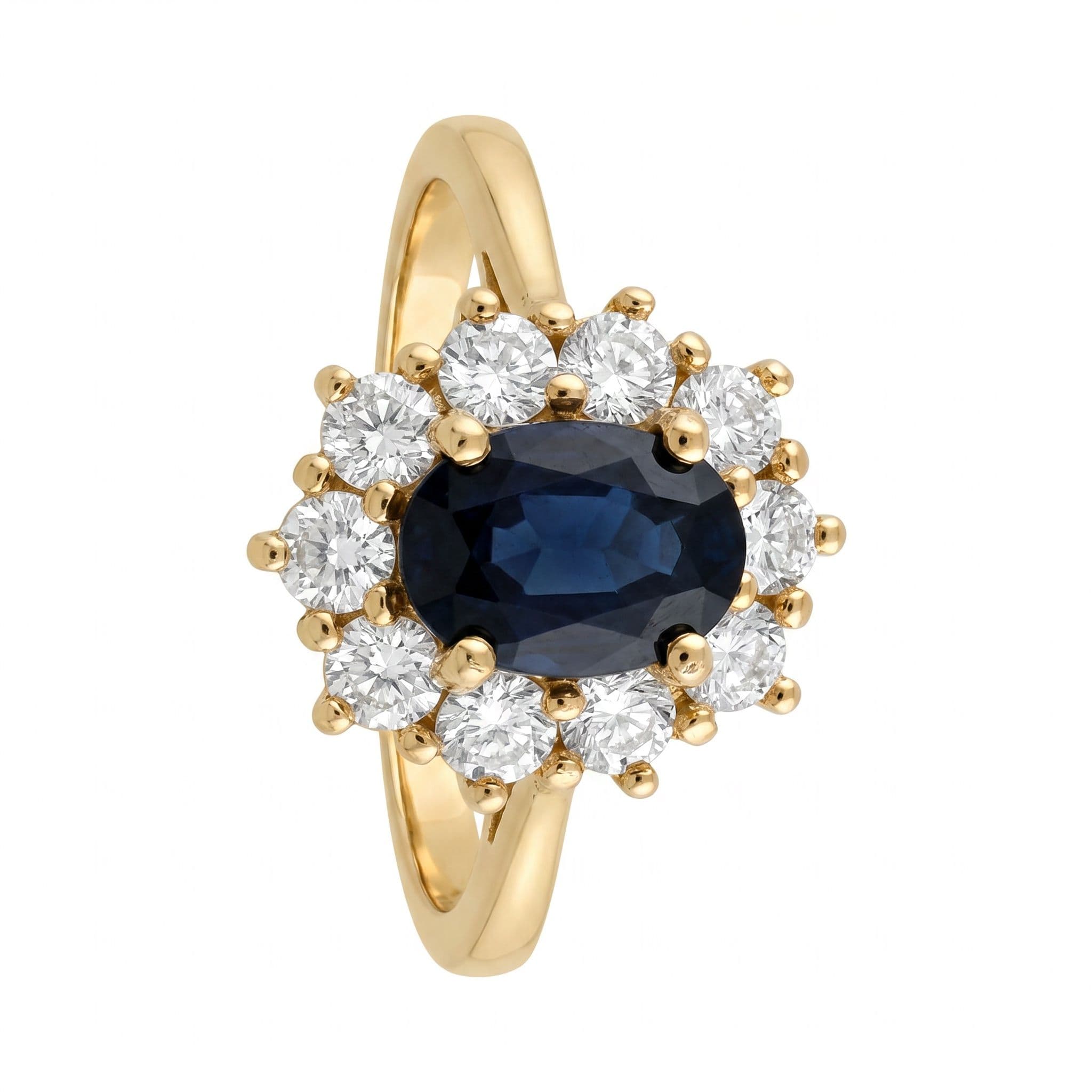 Bague marguerite saphir bleu fonce ovale halo zircons dorée