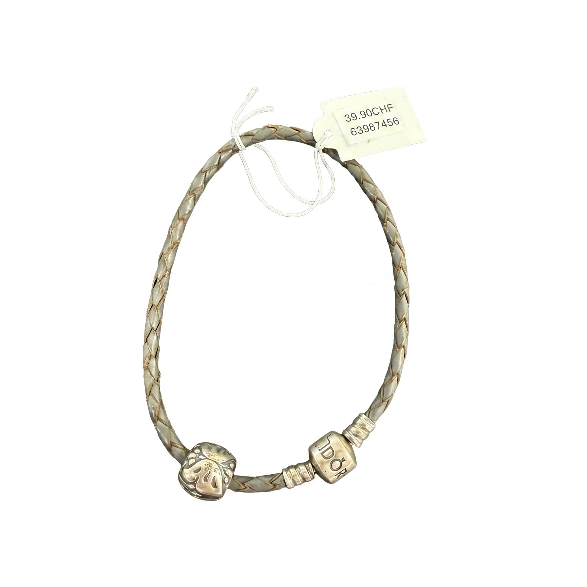 Bracelet Pandora cuir tressé gris fermoir barillet et charm