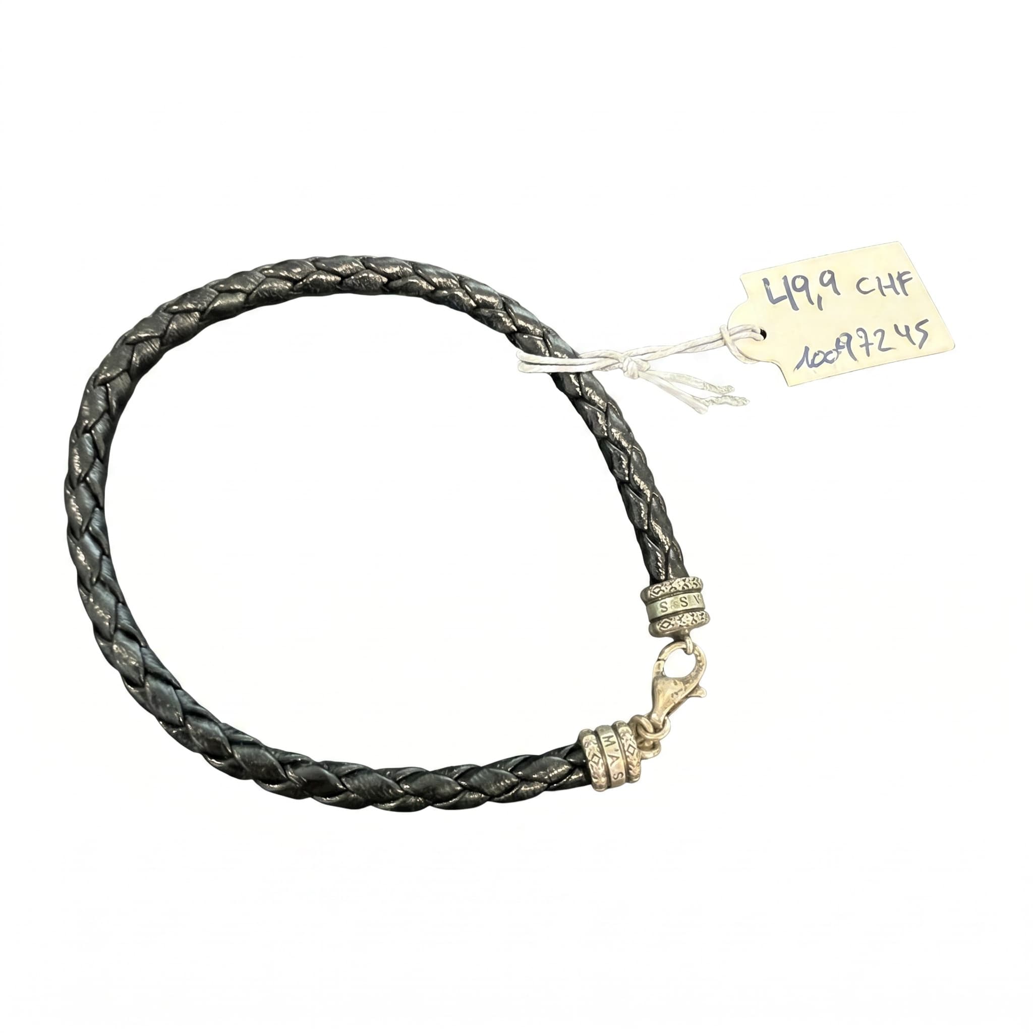 Bracelet cuir tressé noir fermoir argenté