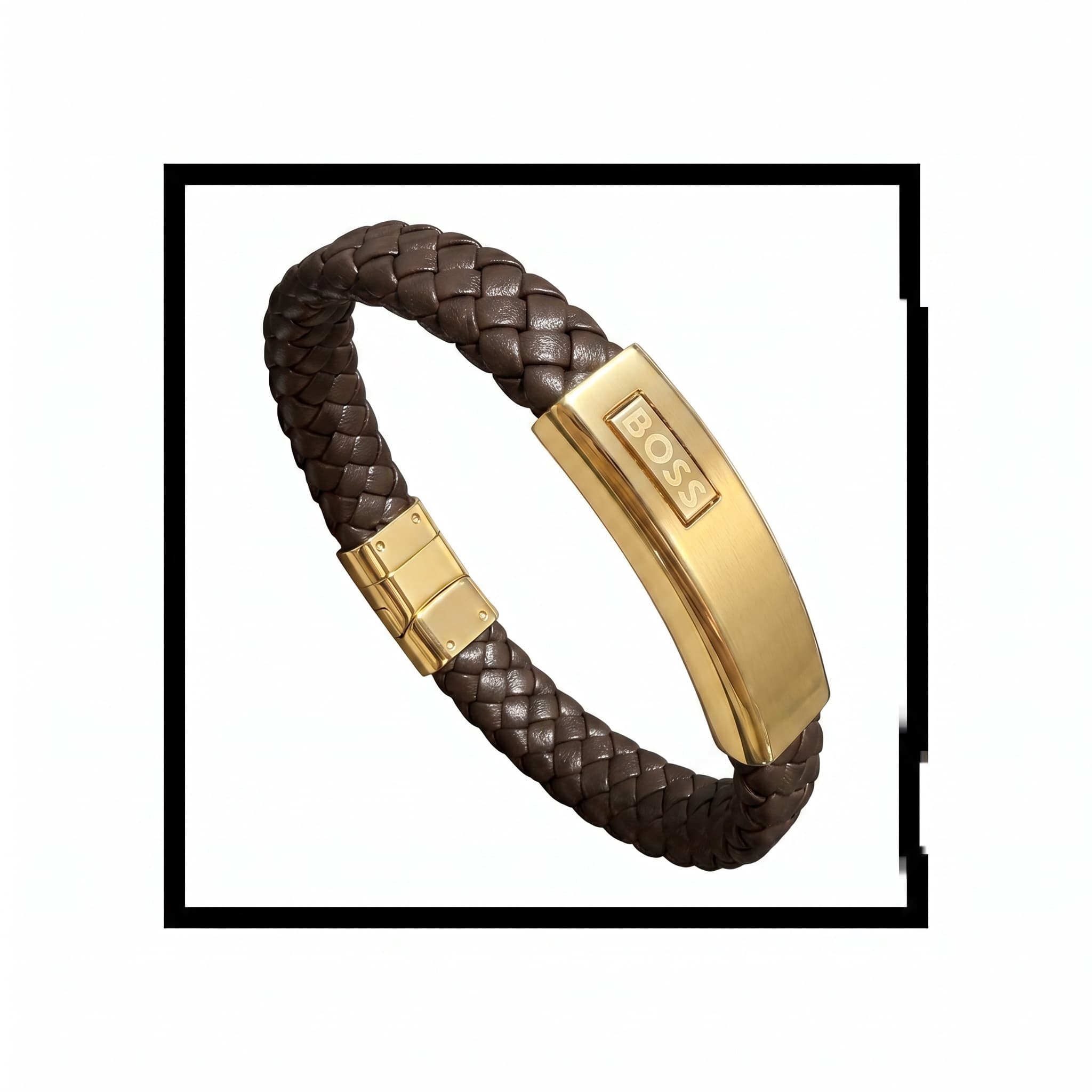 Bracelet Hugo Boss cuir tressé marron plaque doré