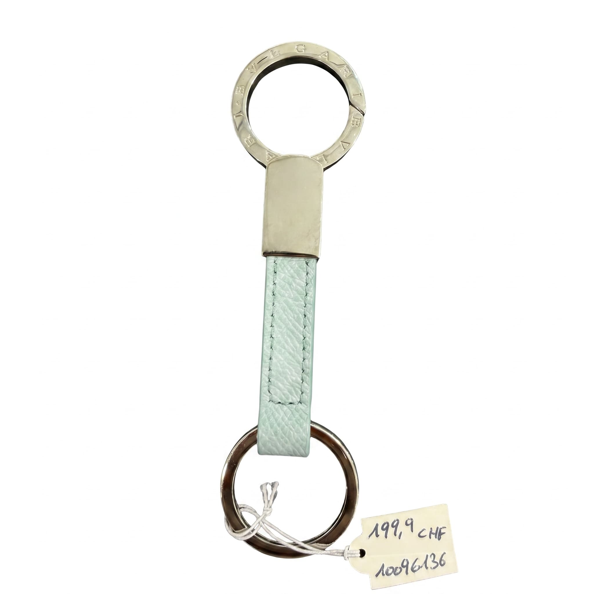 Porte-clés Bvlgari cuir bleu clair anneau acier gravé BVLGARI
