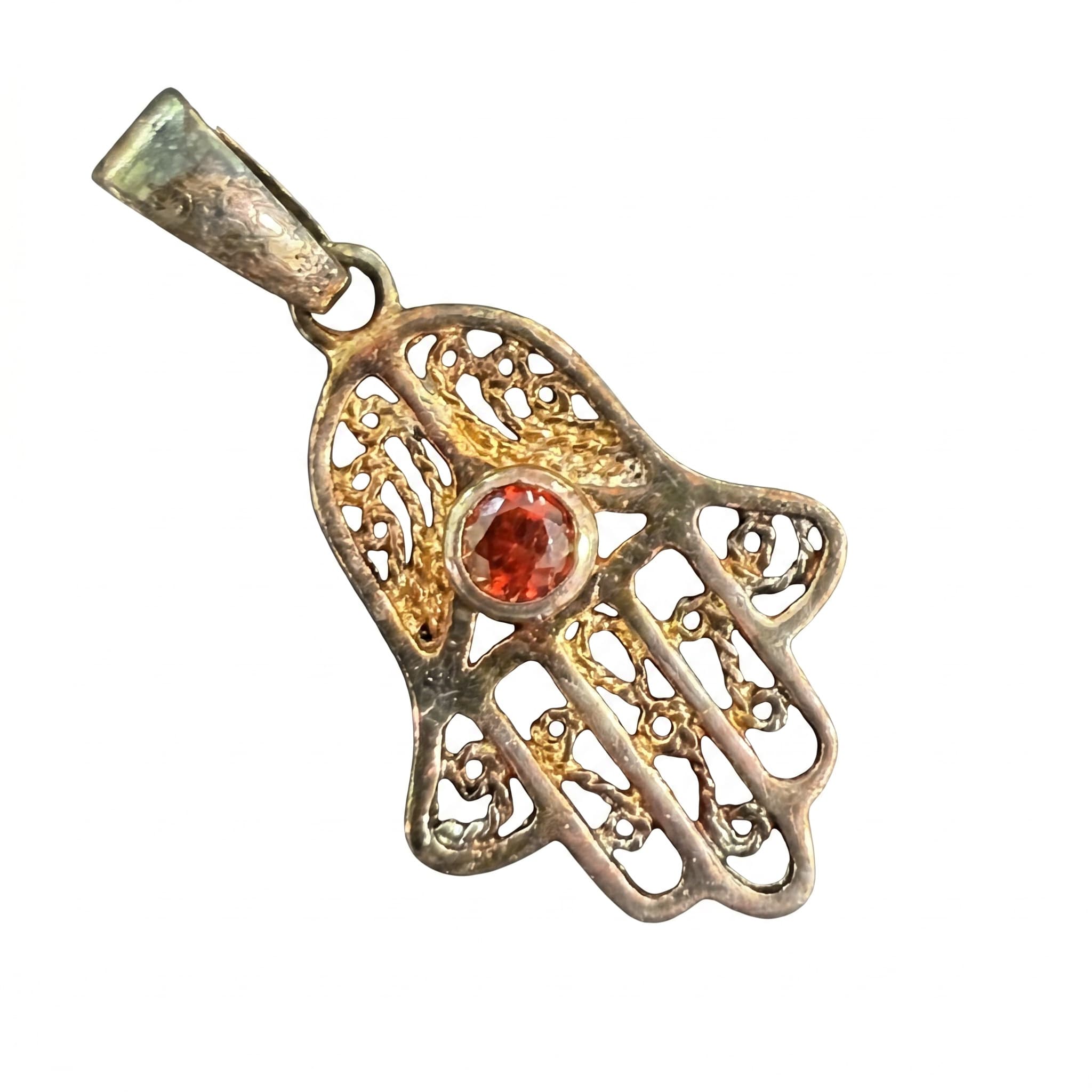 Pendentif main de Fatma filigrane pierre rouge argent