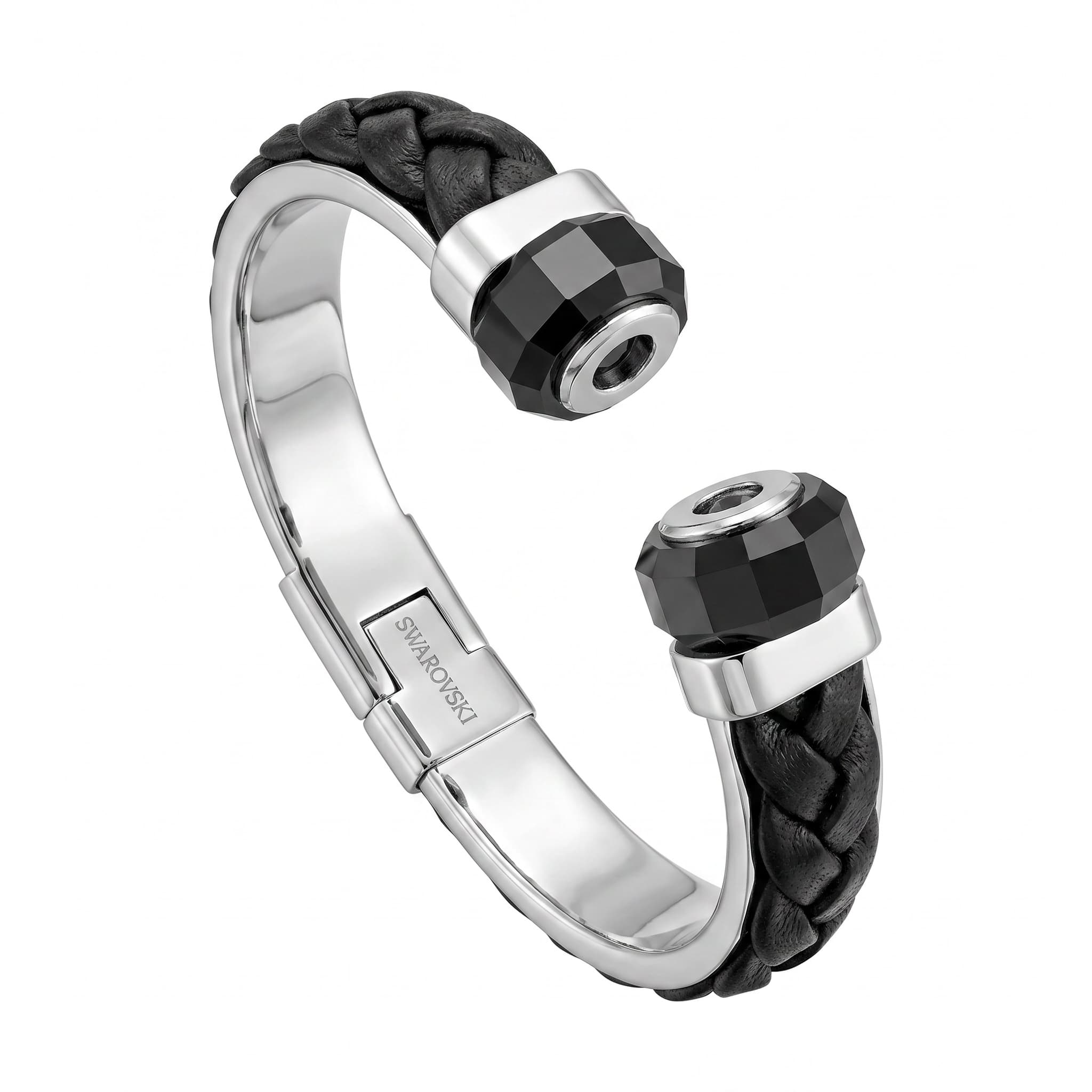 Bracelet jonc acier cuir tressé noir embouts pierres noires facettées