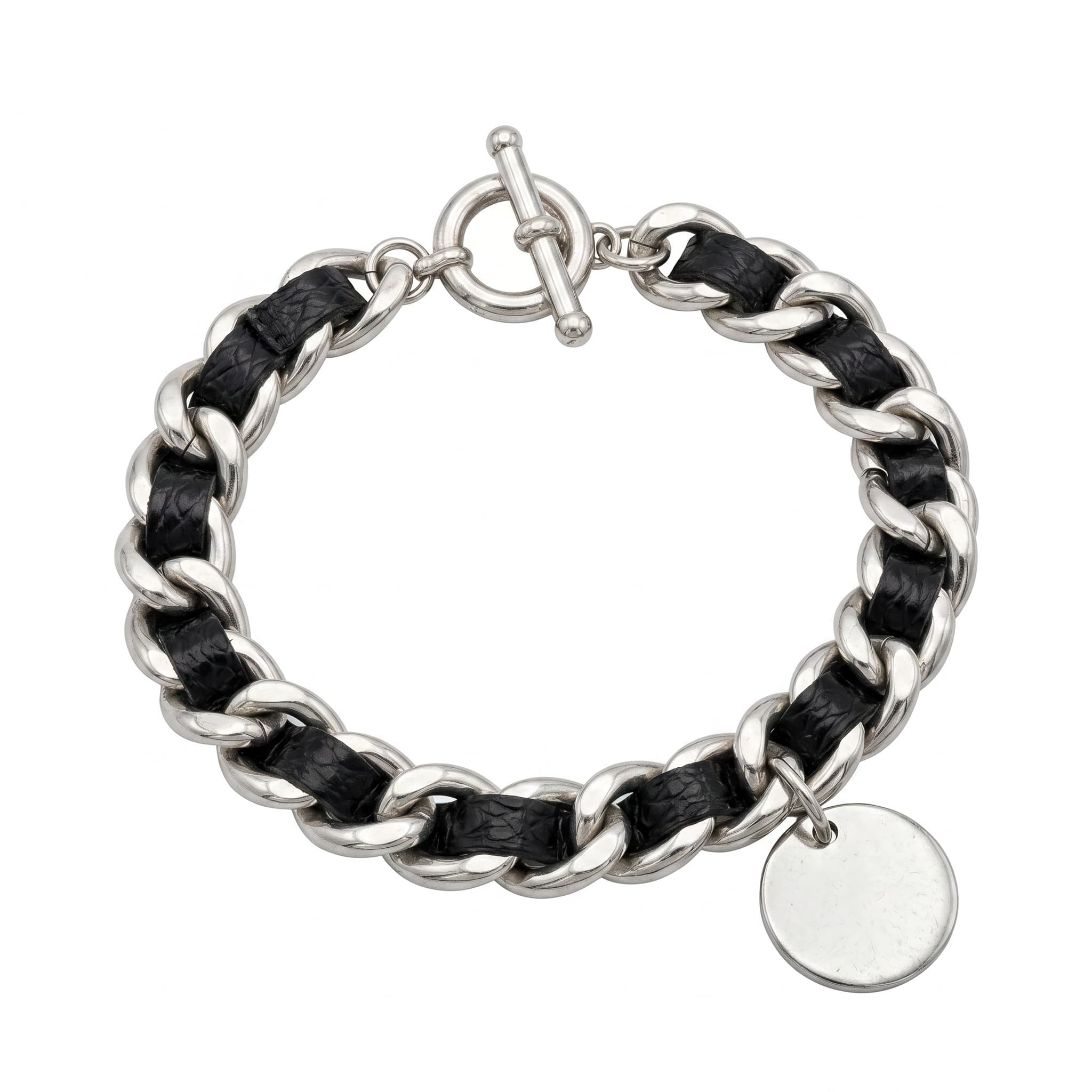 Bracelet maille gourmette argentée entrelace cuir noir breloque disque
