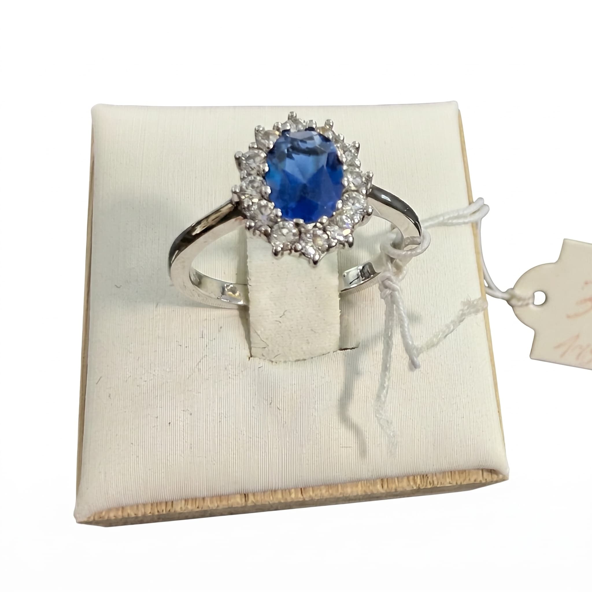 Bague marguerite saphir bleu halo zircons argentée