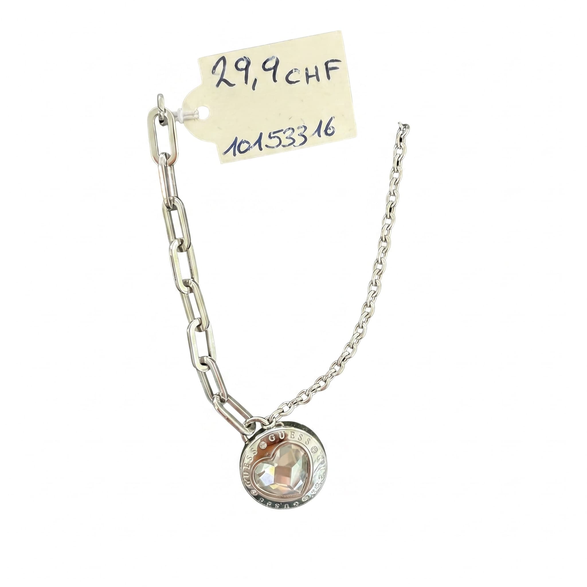 Collier Guess pendentif rond logo cœur cristal argenté
